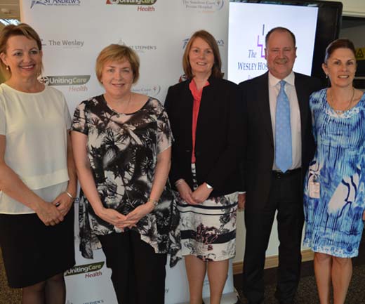 From left: Health Minister Sussan Ley, Dr Lisa Erzetich, Breast Cancer Network Australia’s Kathy Wells, Richard Royle, and Ann Maguire. 